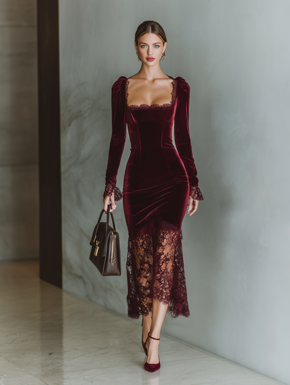 A woman wearing a fitted deep burgundy velvet midi dress featuring a square neckline with lace trim, long sleeves with flared lace cuffs, and a sheer asymmetrical lace hemline.
