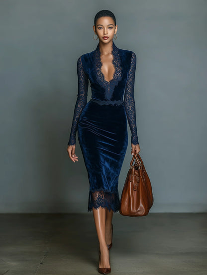 Dark Blue - A woman wearing a fitted navy blue velvet midi dress featuring sheer lace long sleeves, a plunging V-neckline with scalloped lace trim, and a matching lace hem.