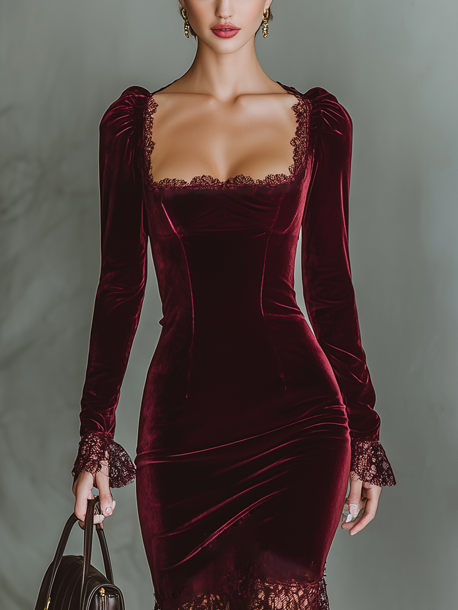 Burgundy - A woman wearing a fitted deep burgundy velvet midi dress featuring a square neckline with lace trim, long sleeves with flared lace cuffs, and a sheer asymmetrical lace hemline.