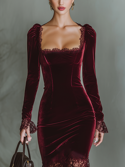 Burgundy - A woman wearing a fitted deep burgundy velvet midi dress featuring a square neckline with lace trim, long sleeves with flared lace cuffs, and a sheer asymmetrical lace hemline.