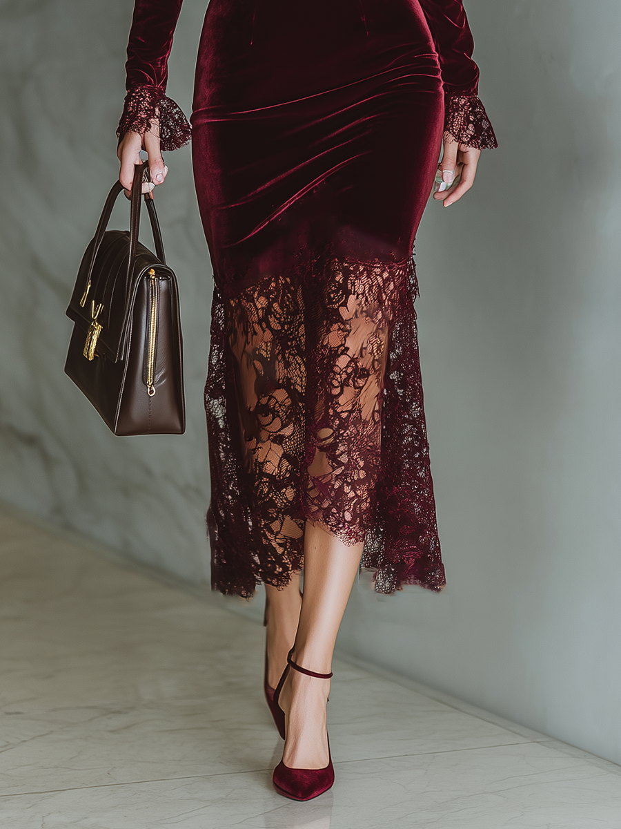 Burgundy - A woman wearing a fitted deep burgundy velvet midi dress featuring a square neckline with lace trim, long sleeves with flared lace cuffs, and a sheer asymmetrical lace hemline.