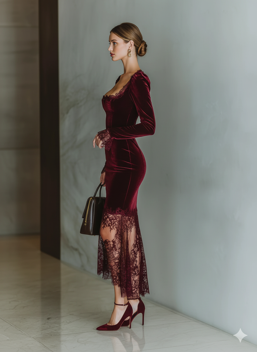Burgundy - A woman wearing a fitted deep burgundy velvet midi dress featuring a square neckline with lace trim, long sleeves with flared lace cuffs, and a sheer asymmetrical lace hemline.