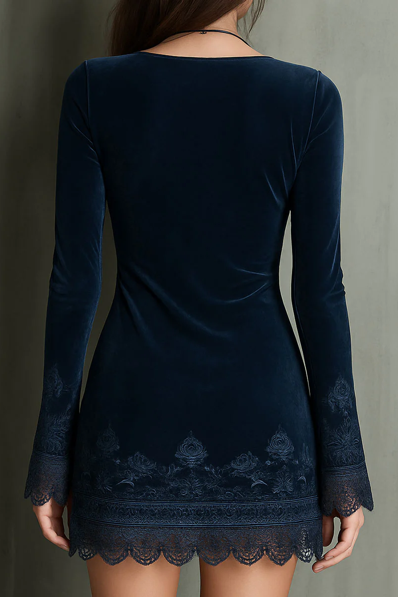 Navy - Woman wearing a fitted velvet long-sleeve mini dress featuring a deep v-neckline and delicate floral lace trim on the cuffs and hem.