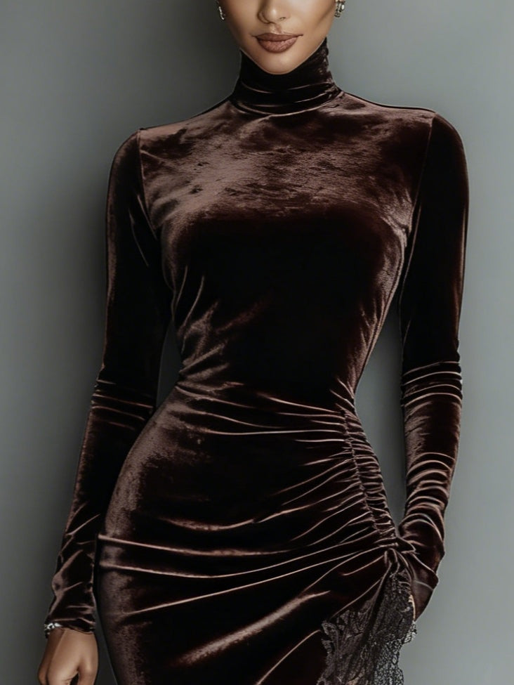 UK 18 (2XL) - Woman wearing a long sleeve high neck velvet maxi dress featuring a ruched waist and a side slit with lace trim.