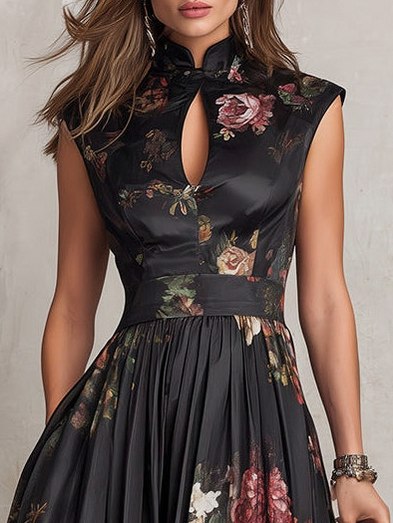 Floral High Neck Midi Dress