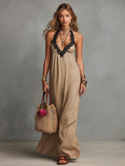Halter Lace Trim Maxi Dress