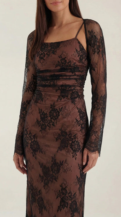 Lace Sheer Overlay Formal Maxi Dress