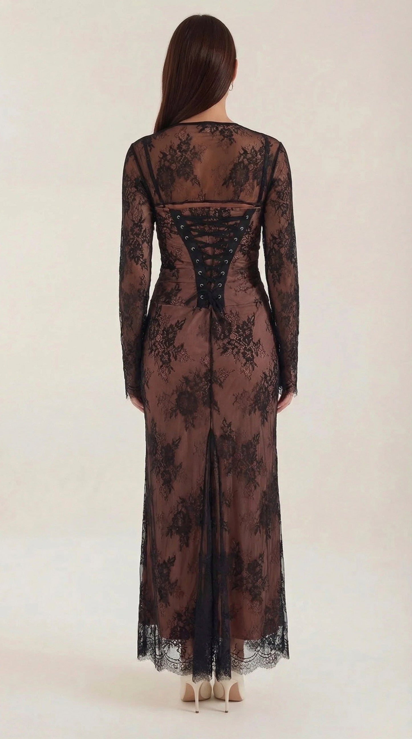 Lace Sheer Overlay Formal Maxi Dress