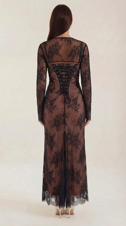 Lace Sheer Overlay Formal Maxi Dress