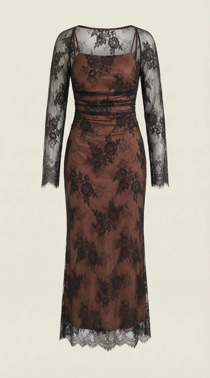 Lace Sheer Overlay Formal Maxi Dress