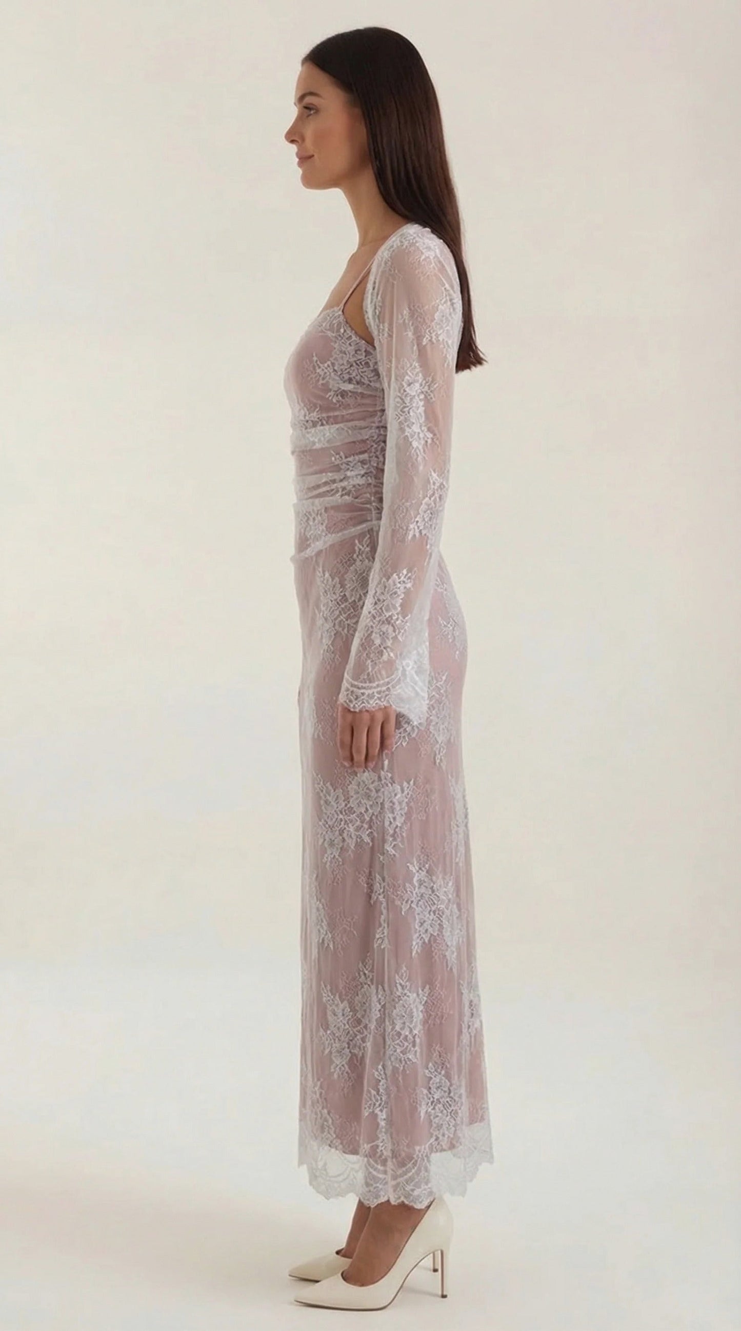 Lace Sheer Overlay Formal Maxi Dress