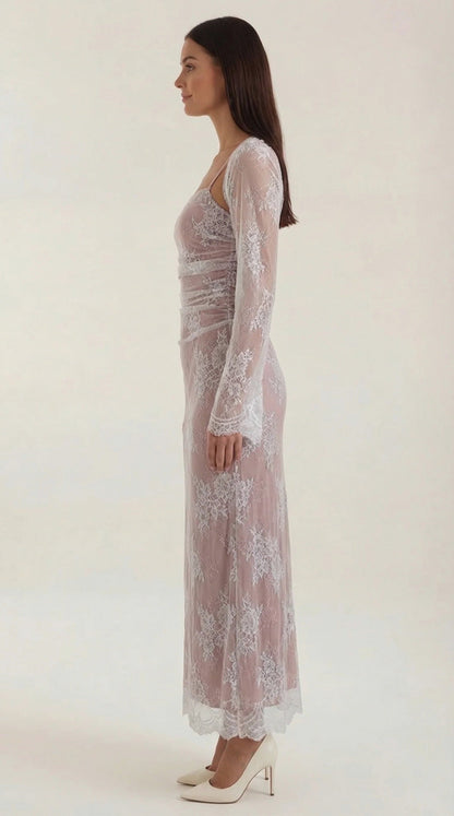 Lace Sheer Overlay Formal Maxi Dress