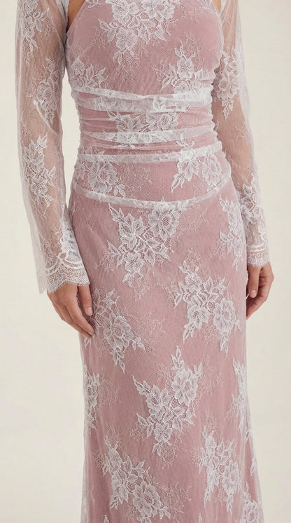 Lace Sheer Overlay Formal Maxi Dress