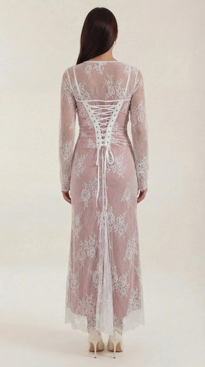 Lace Sheer Overlay Formal Maxi Dress