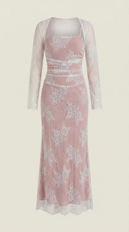 Lace Sheer Overlay Formal Maxi Dress