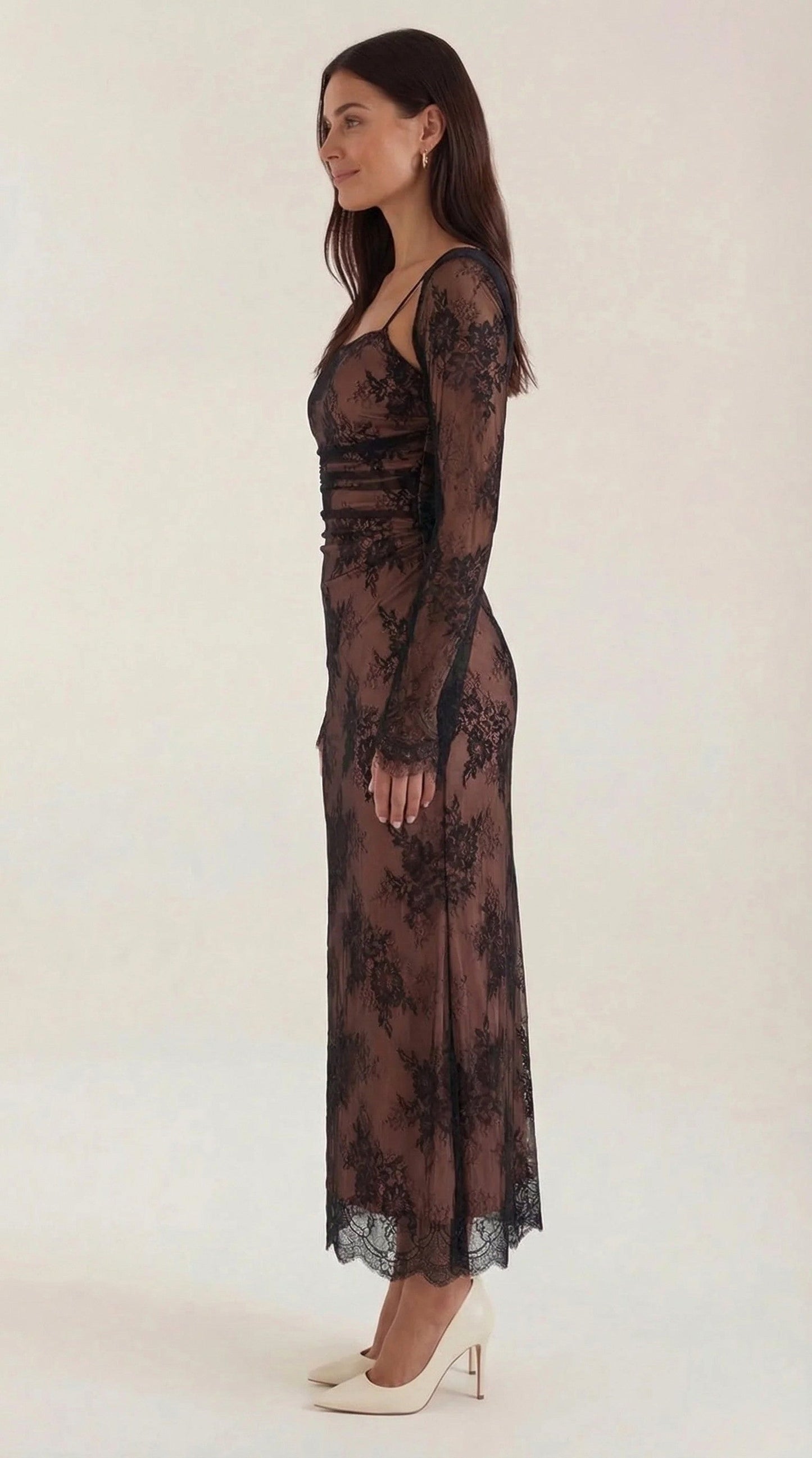 Lace Sheer Overlay Formal Maxi Dress