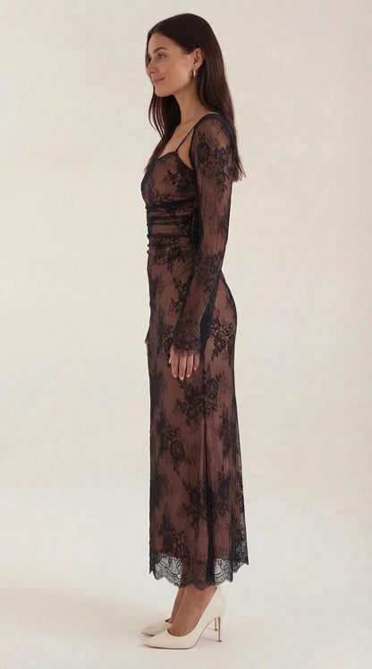 Lace Sheer Overlay Formal Maxi Dress