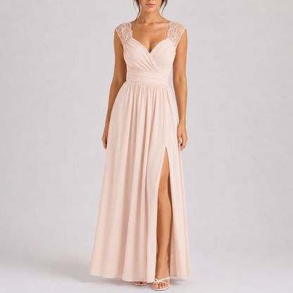 Chiffon Cap Sleeve Formal Maxi Dress