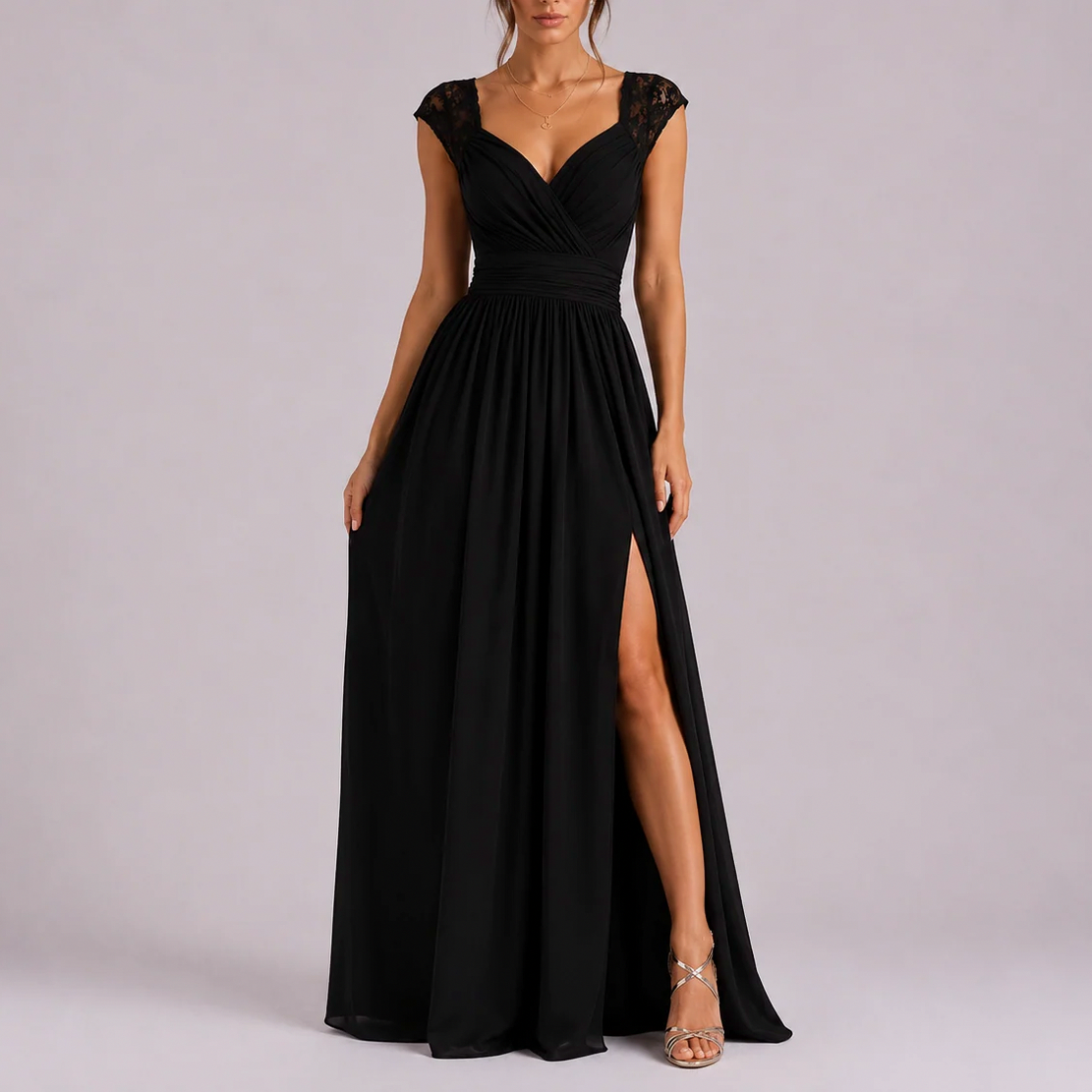 Chiffon Cap Sleeve Formal Maxi Dress