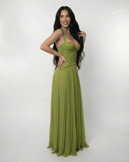 Corset Pleated Halter Maxi Dress