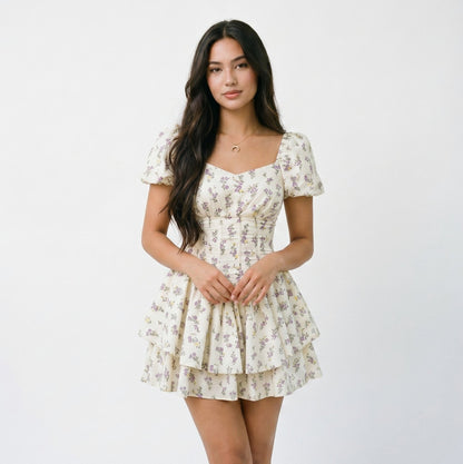 Woven Floral Puff-Sleeve Mini Dress