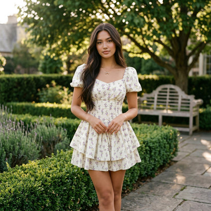 Woven Floral Puff-Sleeve Mini Dress