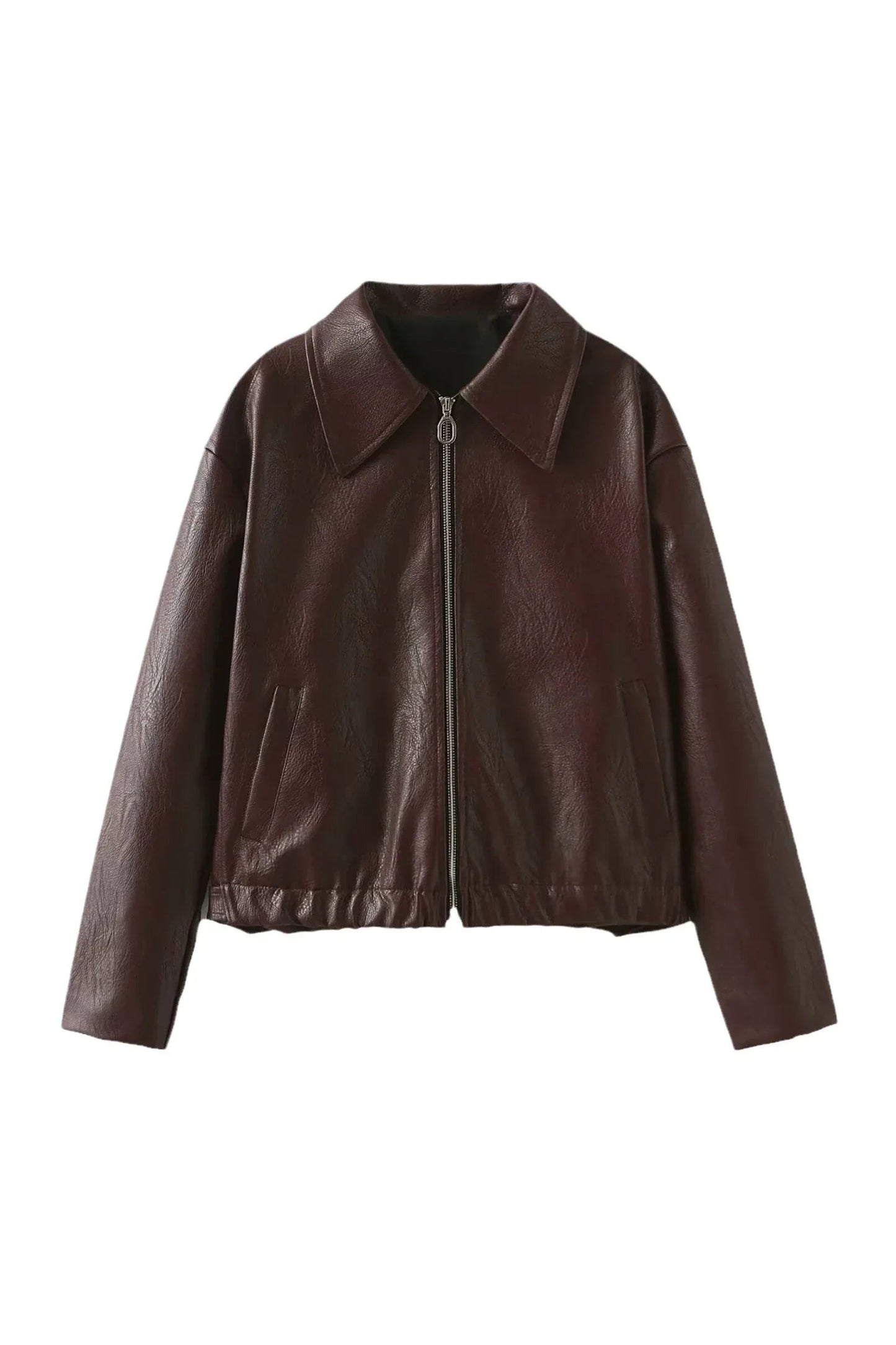 Amaranth - Women's deep burgundy faux leather zip-front cropped bomber jacket with a wide collar, styled over a black top and dark denim.